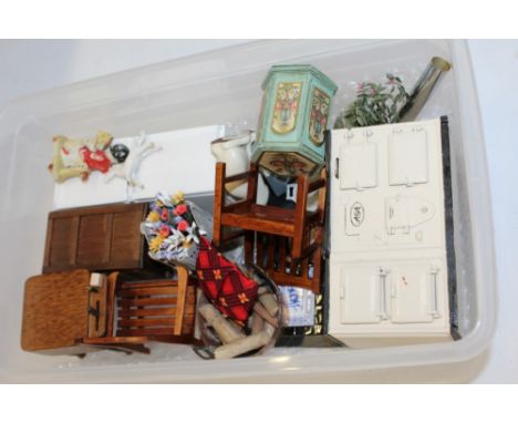 Dolls' house furniture (some signed by maker) - including tables, chairs, boxes, coal scuttle, brass fenders, AGA cooker, plu