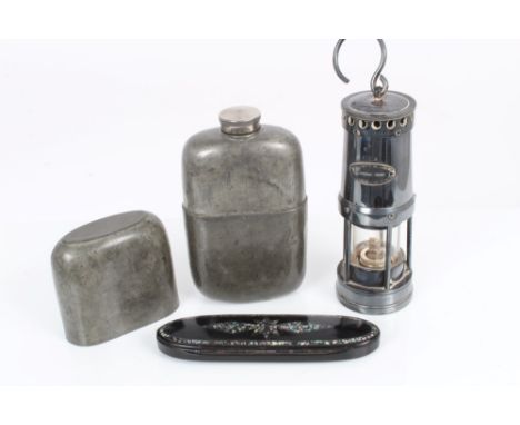 Presentation silver plated Miners Davy lamp with presentation inscription dated 1966, 22cm high, pewter hip flask and papier 