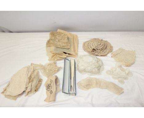 Antique and vintage lace - including Irish crochet fall cap, bobbin lace cap, needle-run net lace stole, 210cm approximately,
