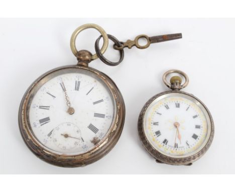 Silver cased fob watch with white enamel dial and gilt scroll decoration, together with a silver (stamped 800) pocket watch (