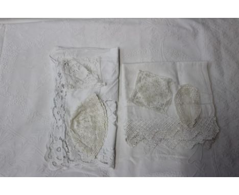 White vintage woven cotton cover by Elephant Brand, with allover floral pattern, 244cm x 210cm, also cotton sheets, crochet e