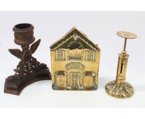 Unusual Victorian brass money box with embossed building facade, titled - 'Bank', 17cm high, together with patent pillar post