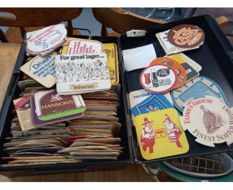 METAL BOX WITH ASSORTED BEER MATS METAL BOX WITH ASSORTED VINTAGE BEER MATS
