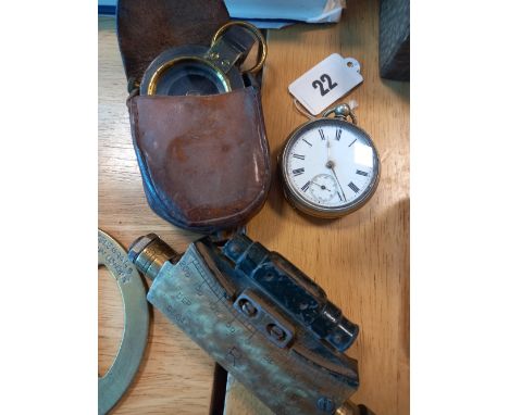 MILITARY BRASS COMPASS IN LEATHER CASE TOGETHER WITH SILVER PLATED POCKET WATCH &amp; CLINOMETER SITE 1915