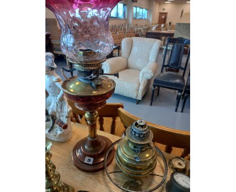 VICTORIAN COPPER OIL LAMP WITH CRANBERRY BLUSH SHADE, TOGETHER WITH ANOTHER VICTORIAN BRASS HANGING LAMP