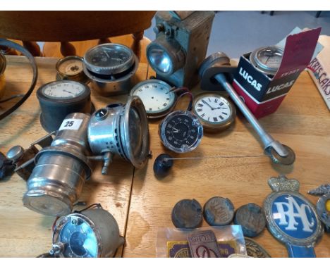 NIFE NH10A SAFETY LAMP TOGETHER WITH A LUCAS BICYCLE LAMP, VARIOUS VINTAGE CAR CLOCKS, LIGHT METER ETC