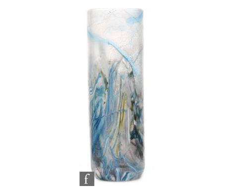 An Isle of Wight glass archive early trial seascape vase, of cylindrical form, with stylised white, purple and blue designs, 