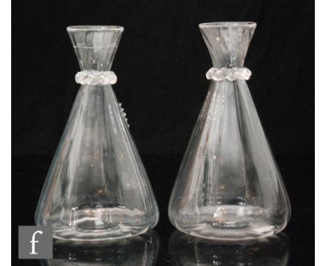 A pair of late 19th Century James Powell &amp; Sons (Whitefriars) carafes designed by Harry Powell, of conical flask shape, v