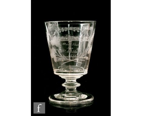 A 19th Century Sunderland Rummer with bucket bowl engraved with a view of the Tyne High Level Bridge in cartouche panel with 