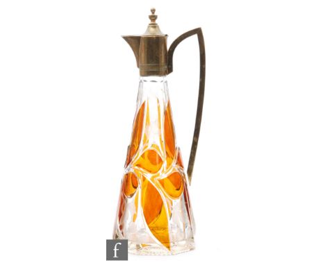 A late 19th Century Moser spirit flask of slender slice cut conical form, cased in amber over clear crystal and cut with styl