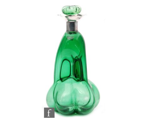 A late 19th Century Stevens &amp; Williams Scrooge decanter cased in green over clear with fluted ovoid base rising to a comp