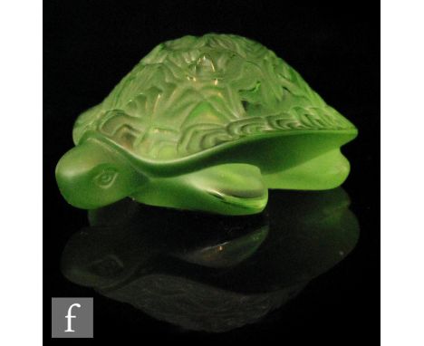 A Lalique Sidonie turtle model in light green with a frosted finish, engraved signature, length 8cm.