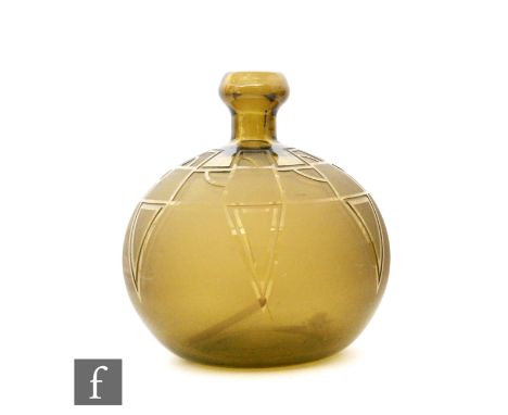 A large 1930s Verart Art Deco glass vase of spherical form with collar neck and swollen rim, heavily acid cut with a repeat a
