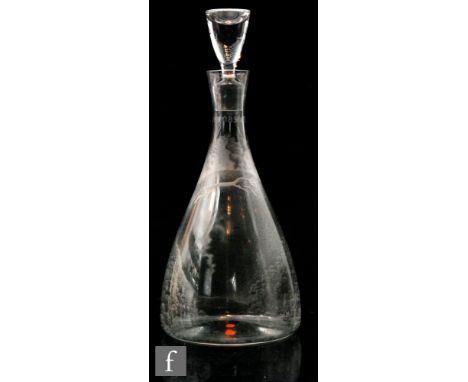 A later 20th Century clear crystal decanter of tapering form decorated by Laurence Whistler and titled 'Through Dynasties Pas