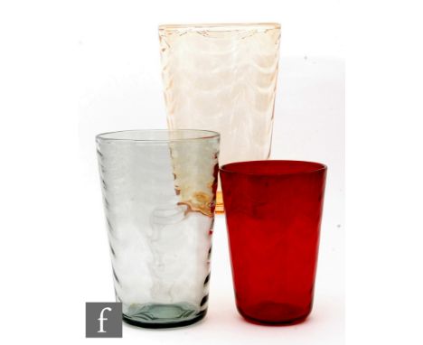 A mid 20th Century Whitefriars tumbler vase designed by Marriott Powell, golden amber with an optic wave, pattern no. 8473, h