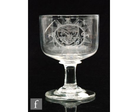 A late 18th Century God Speed the Plough Rummer circa 1800, round bowl engraved with a crest with monogram cartouche panel op