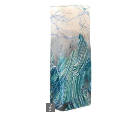 An Isle of Wight Seascape glass box vase, by Michael Harris, the green and white lined wave design before a stylised ribbon d