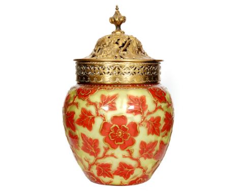 A late 19th Century Harrach cameo glass pot pourri of ovoid form with pierced gilt metal fitting with floral decoration, the 