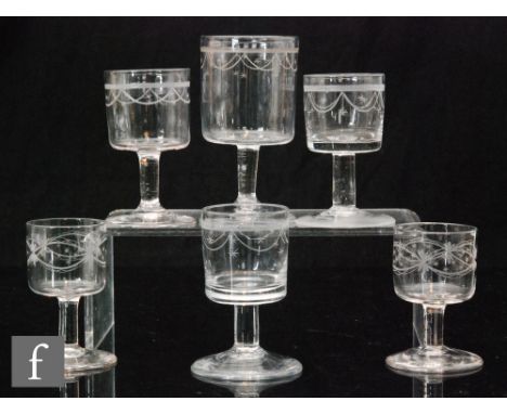 A small collection of late 18th Century Irish, Cork, clear crystal drinking glasses circa 1800, bucket bowls engraved with a 