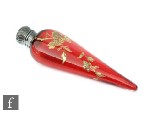 A late 19th Century Thomas Webb &amp; Sons ruby glass scent bottle of tear drop form relief paste gilded with a spray of flow