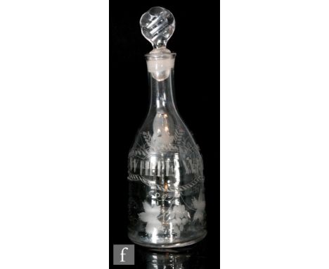 An 18th Century Lynn White Wine decanter circa 1765 of slender sugar load form with high basal kick, engraved with a central 