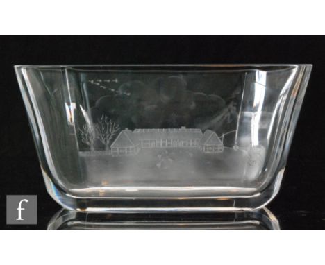 A mid 20th Century Orrefors clear crystal glass Sail vase designed by Sven Palmqvist engraved with an abstract linear design,