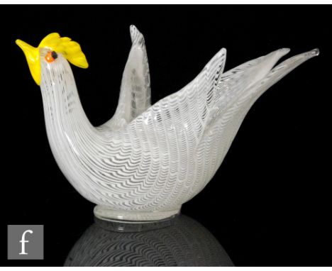 A 1950s Aureliano Toso Trina vase in the form of a stylised chicken, designed by Dino Martens, with opal filigrana decoration