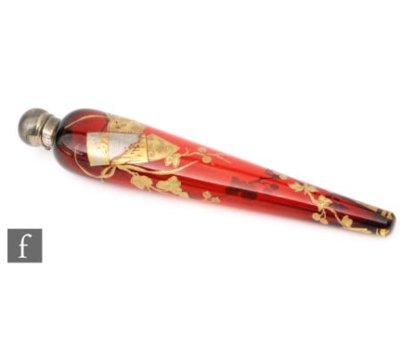A late 19th Century Thomas Webb &amp; Sons scent bottle of elongated tear drop form relief paste gilded with sprays of flower