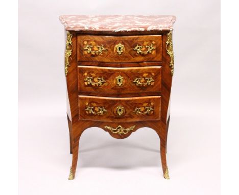 A GOOD SMALL 19TH CENTURY FRENCH KINGWOOD BOMBE COMMODE, with rouge marble top, ormolu mounts, three drawers, with marquetry 