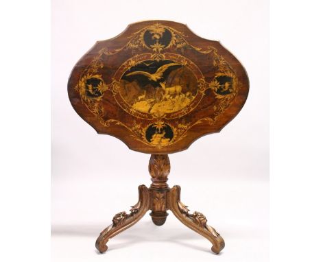 A "BLACK FOREST" WALNUT AND MARQUETRY TRIPOD TABLE, the shaped top inlaid with a scene of mountain goats and an eagle, with f