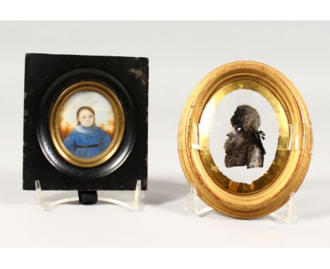 A PORTRAIT MINIATURE OF A GIRL IN A BLUE DRESS, and an oval silhouette on glass. 5ins x 4.5ins and 6ins x 5ins.