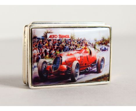 A SILVER SNUFF BOX, with enamel top "Old Racing Car". 1.75ins long.