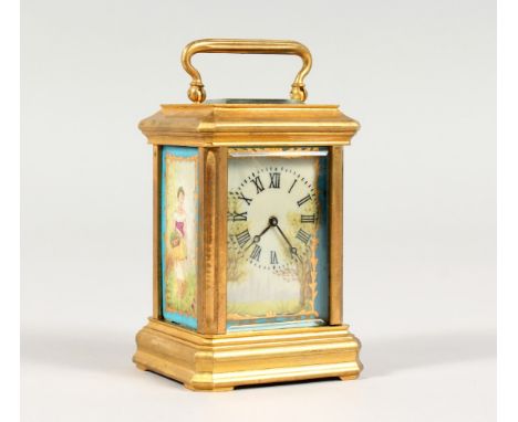 A MINIATURE BRASS CARRIAGE CLOCK, with Sevres style porcelain panels. 3.5ins high.