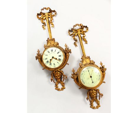 A SUPERB PAIR OF 19TH CENTURY FRENCH LOUIS XVITH DESIGN CLOCK AND BAROMETER by ANCIENNE MON, PARIS, both in ormolu cases with