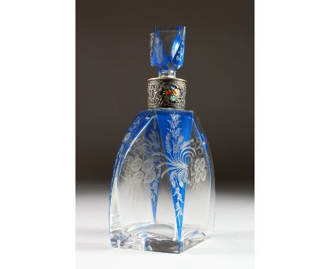 A BOHEMIAN BLUE ENGRAVED SCENT BOTTLE AND STOPPER, with silver and enamel band. 11ins high.