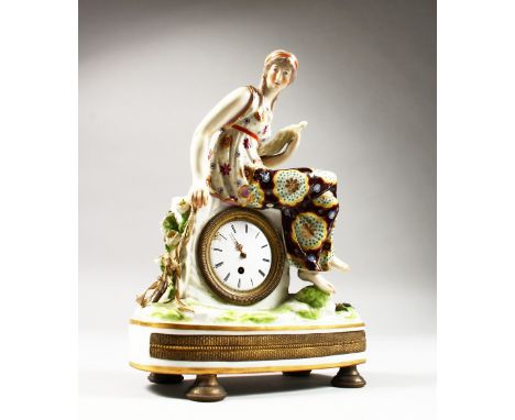 A GOOD 19TH CENTURY PORCELAIN CLOCK with watch movement, the case with a classical female figure. 8.5ins high.