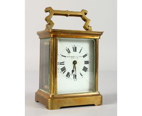 A 19TH CENTURY FRENCH BRASS TIMEPIECE CARRIAGE CLOCK. 4ins high.