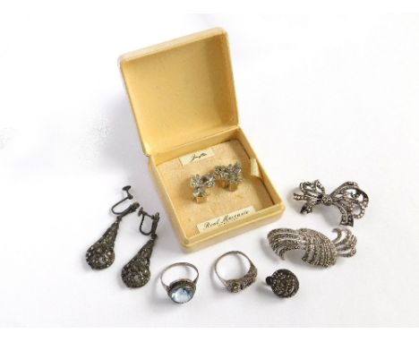 MARCASITE. Two silver & marcasite dress rings, a pair of silver & marcasite drop earrings, boxed earrings, brooches etc. Plea