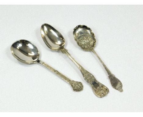 PRESERVE SPOONS ETC. Two Sheffield preserve spoons, an Edwardian berry type spoon & a 1960's silver preserve spoon by Cooper 