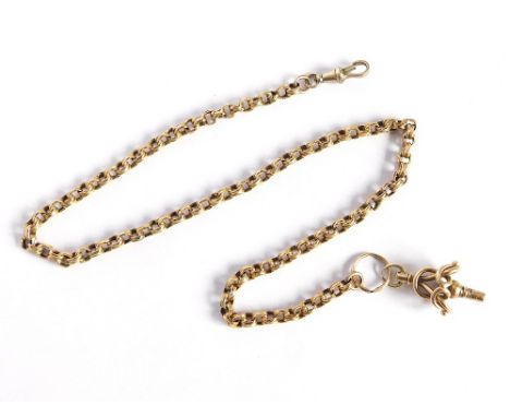 WATCH CHAIN & KEY. A 19th century, yellow metal watch chain, with split ring & watch key attached. Full length 39cm.Please no