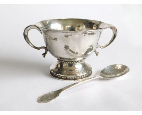 PORRINGER & SPOON. An early 20th century, Arts & Crafts-style porringer & spoon, each with hammered decoration by Wakely & Wh