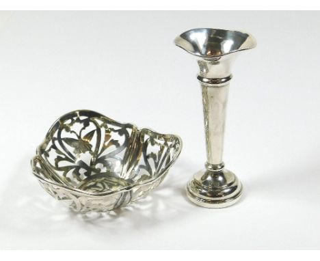 SPILL VASE ETC. A small modern spill vase & a silver bon bon dish, pierced & engraved with butterflies. Chester 1912.Please n