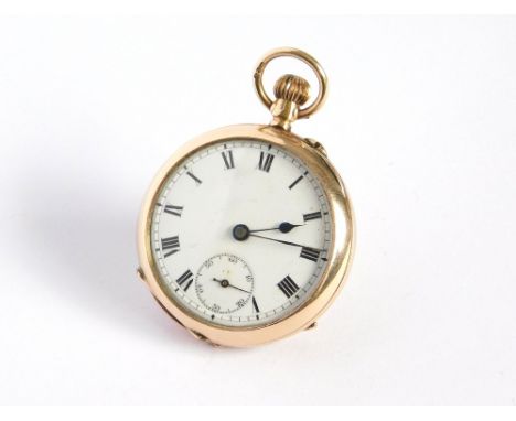 GOLD WATCH. A 9ct. gold cased, keyless fob watch. Diameter 3cm. Approx. 23.9g.All watches in this auction are previously owne