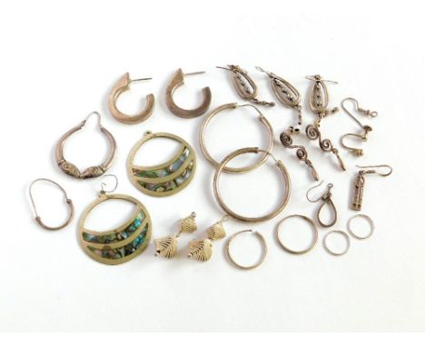 SILVER EARRINGS ETC. Eight various pairs of silver & silver plated earrings including Mexican. Also, single earrings & fixing