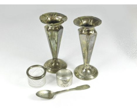 MISCELLANEOUS SILVER. Including a pair of Victorian weighted spill vases, height 15cm. Also, a silver mounted glass salt, a M