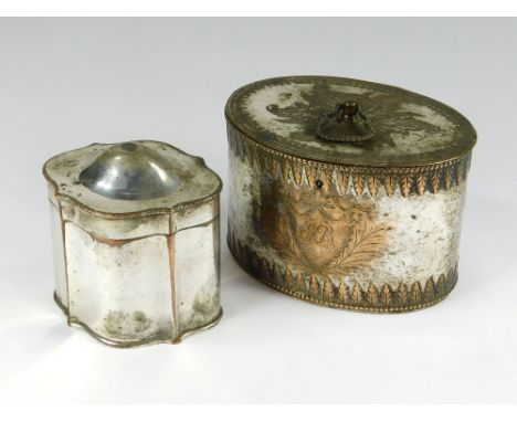 TEA CADDIES. A 19th century oval silver plate on copper tea caddy. 12x8x8cm. Also, a smaller silver plate on copper tea caddy