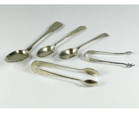 SPOONS & SUGAR TONGS ETC. Two pair of silver sugar tongs & three silver spoons.Please note that all items in this auction are