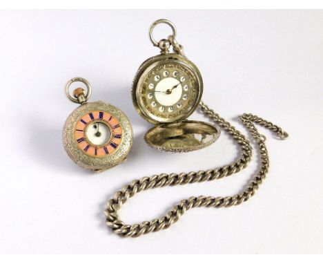 POCKET WATCHES ETC. A continental silver small pocket watch with enamelled chapter ring. Diameter 3.5cm. Also a full hunter p