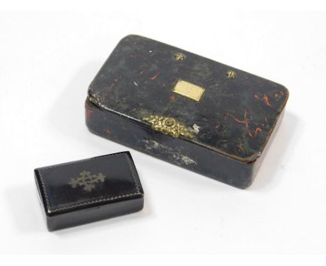 SNUFF BOXES. A 19th century small lacquered papier mache & pewter inlaid snuff box. Also, one other 19th century snuff box, s