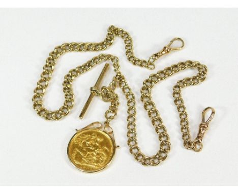 GOLD CHAIN & FOB. A 9ct gold graduated curb link, double watch chain with T-bar & hung with a 1902, Edward VII, full sovereig